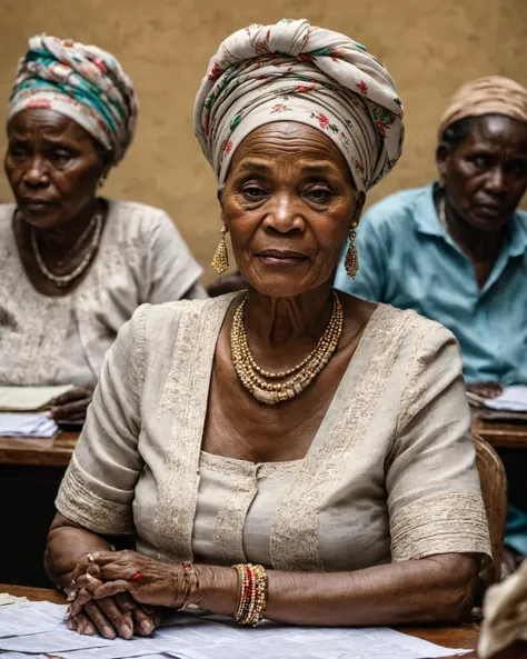 photo <lora:stylesqueeze_v2_xl:1> of a congolese mature woman, wrinkles, aged, necklace, crowded room with stack of papers and desk in a government office, third world country, closeup, neutral colors, embroidered linen headwrap, hdr, low contrast
