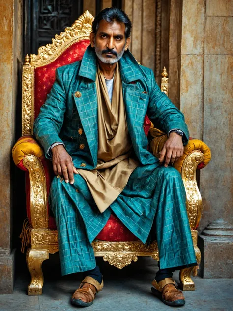 full body shot photo <lora:stylesqueeze_v3_xl:1> of a handsome well built buff middle aged indian man, homeless man, wearing a patchwork [brown|red|green|blue|yellow] and [red|green|blue|yellow|brown] trench coat, grimy skin, sitting on an opulent golden throne, hdr, well lit, evenly lit, detailed face, outdoor modeling photography