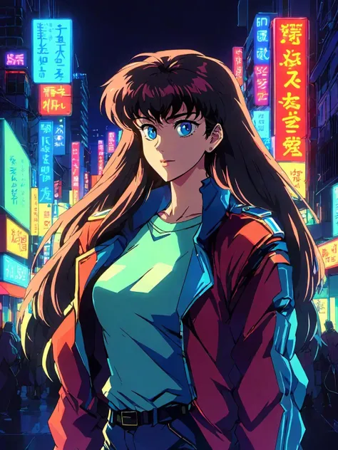 anime style, flat colors, 80s anime still, masterpiece, best quality, 1girl <lora:stylesqueeze_v3_xl:0.7>, city pop, night, neon night city lights, looking at another, upper body, jacket, light smile, detailed face, cloth folds, blunt bangs, long hair, blue eyes, well lit face