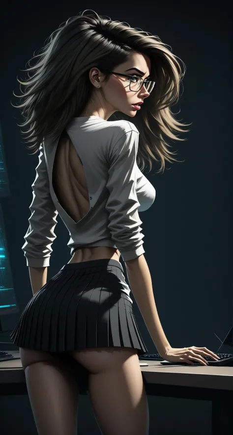 An amazing illustration of a provocative slender woman, shot from behind, with innocent face, using a complex computer, dark room, small breasts, messy hair, open jacket, petite woman, tight (tshirt:1.2), (pleated skirt), glasses, thigh-highs, <lora:stylesqueeze_v2_xl:1>