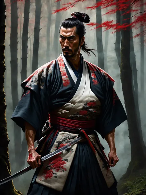 1man, samurai wearing intricately embroidered kimono, upper body, hardened veins, manbun, sword, bloody cloth, blood on face, somber expression, detailed cloth folds, detailed face and hair, dark forest scene, nature, side view, photoreal painting <lora:stylesqueeze_v3_xl:1>