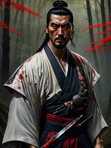 1man, samurai wearing intricately embroidered kimono, upper body, hardened veins, manbun, sword, bloody cloth, blood on face, somber expression, detailed cloth folds, detailed face and hair, dark forest scene, nature, side view, photoreal painting <lora:stylesqueeze_v2_xl:1>