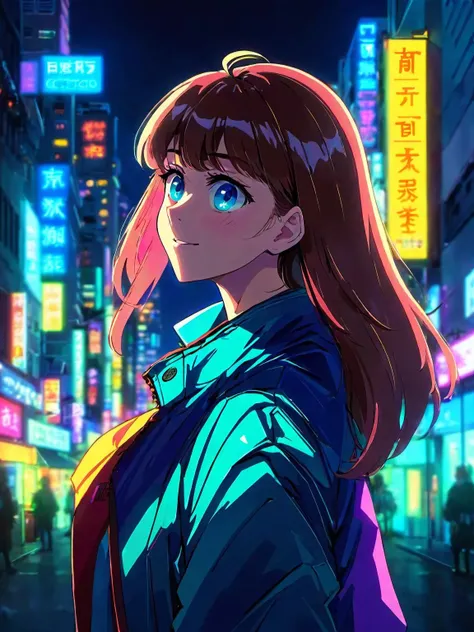 anime style, flat colors, anime still, masterpiece, best quality, 1girl <lora:stylesqueeze_v2_xl:0.7>, city pop, night, neon night city lights, looking at another, upper body, jacket, light smile, blunt bangs, long hair, blue eyes, well lit face