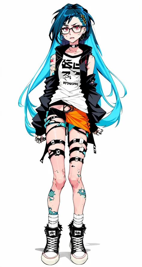 anime style, modern anime still, flat colors, fine outlines, (masterpiece, best quality), woman, punk, long hair, torn punk [legwear|shorts], freckles, tinted glasses, asymmetrical punk fashion, japanese sneakers, kneepads, skinny toned athletic hourglass body, standing, posing, white background, third angle view <lora:stylesqueeze_v2_xl:1>