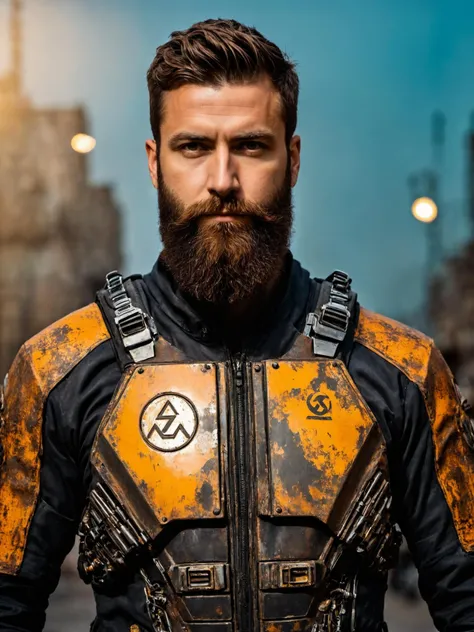 close up Portrait photo <lora:stylesqueeze_v3_xl:1> of muscular bearded guy, in a worn scuffed half life HEV suit, ((light bokeh)), intricate, half life greek delta logo on suit, (steel metal [rust]), elegant, sharp focus, soft lighting, vibrant colors, masterpiece, ((streets)), detailed face