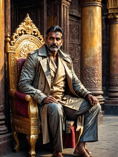 full body shot photo <lora:stylesqueeze_v2_xl:1> of a handsome well built buff middle aged indian man, homeless man, wearing a patchwork [brown|red|green|blue|yellow] trench coat, grimy skin, sitting on an opulent golden throne, hdr, well lit, evenly lit, detailed face, outdoor modeling photography