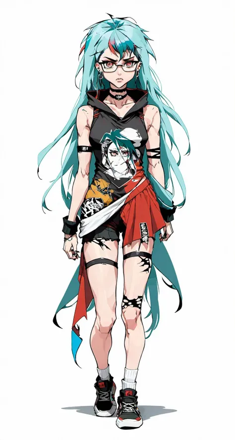 anime style, modern anime still, flat colors, fine outlines, (masterpiece, best quality), woman, punk, long colored hair, torn punk shorts, freckles, tinted glasses, detailed face, asymmetrical punk fashion, japanese sneakers, kneepads, skinny toned athletic hourglass body, toned thighs, standing, posing, white background, <lora:stylesqueeze_v3_xl:1>