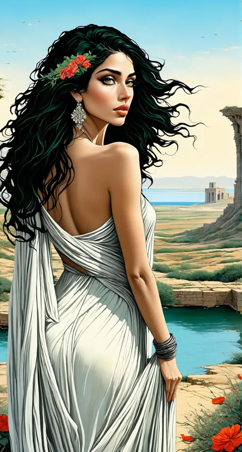 beautiful woman with [flowers|roses with thorns] in her detailed [flowing black|green grassy dryad] hair, loose flowing [white::0.2] dress, art style of [milo manara|ignacio noe], abandoned ruins in the distance, detailed persian supermodel face, flat colors, micro detailing brushwork, back to camera,looking over shoulder at camera, [back muscles::0.2], detailed intricate [tropical island|desert] background <lora:stylesqueeze_v3_xl:0.85>, [thepit style::0.3]