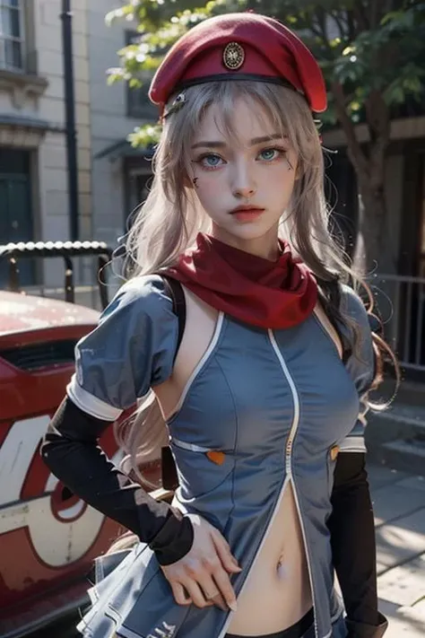 Best quality, masterpiece, ultra high res, (photorealistic:1.4), 1girl, light frown, serious,9a91, upper body, hands on hip, red beret, grey hair, blue eyes, blue dress, (white skirt:1.2),black panties, tactical clothes, european<lora:RussianDollV3:0.2> <lora:add_detail:0.1> <lora:9a91:1>