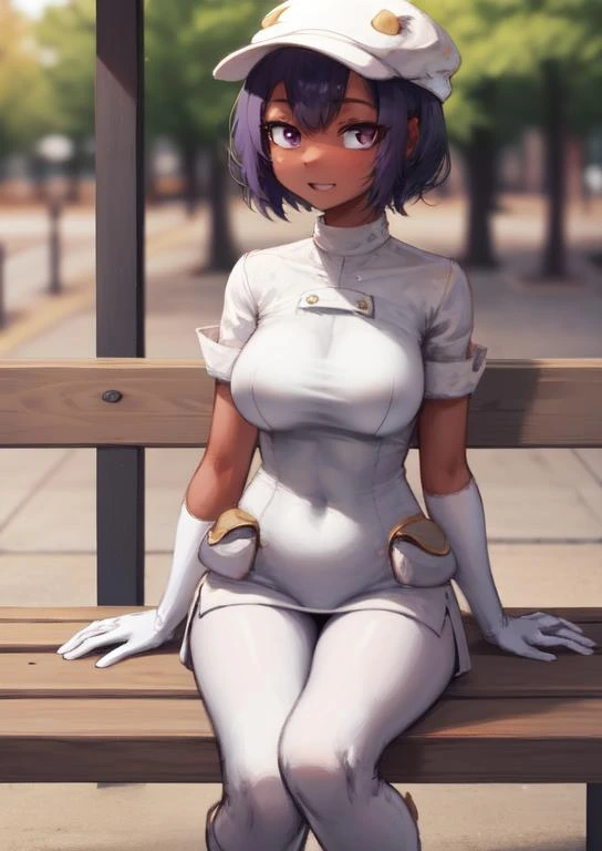 (masterpiece, best quality:1.2), extremely detailed, soft ambient lighting, sharp focus, 4K, BREAK <lora:AetherLora:1>, aether foundation employee, short purple hair, white hat, white clothes, pouch, thigh boots, white gloves, white pantyhose, dark skin, expresionless, BREAK outdoors, public, playground, sitting on bench,