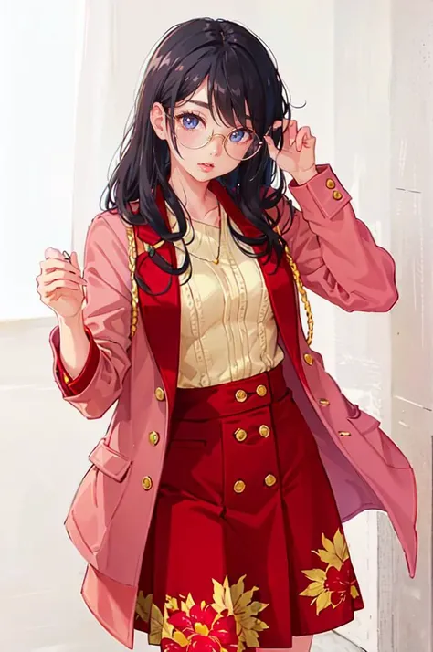 <lora:edgChicJackets:0.8> edgCJ, wearing edgCJ, chic jacket, cowboy shot, <lora:LIP:0.8> (LilyPichuTI:0.9), glasses,, ultra detailed, masterpiece, best quality, aesthetic, detailed,