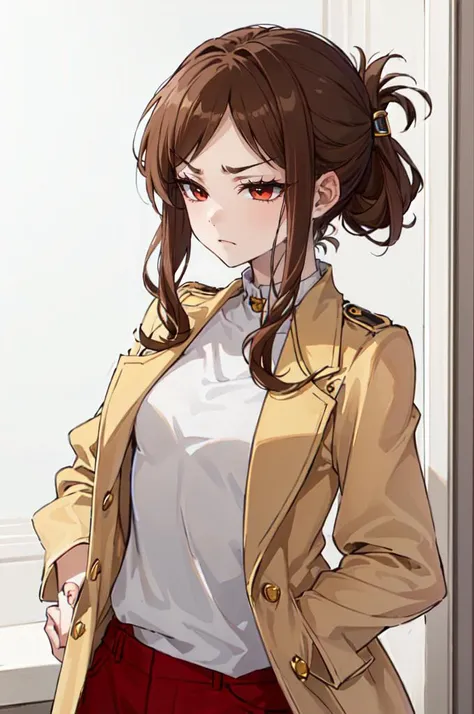 <lora:edgChicJackets:0.8> edgCJ, wearing edgCJ, chic jacket,, ultra detailed, masterpiece, best quality, aesthetic, detailed,, solo, frown,
1girl, red eyes, <lora:Tsurime3:1>, (tsurime:1.2), (brown hair:1.3), medium hair, (asymmetrical bangs, swept bangs, cowlick:1.35), flipped hair, <lora:foldedponytail:0.8> foldedponytail, folded ponytail, (small breasts:1.3),