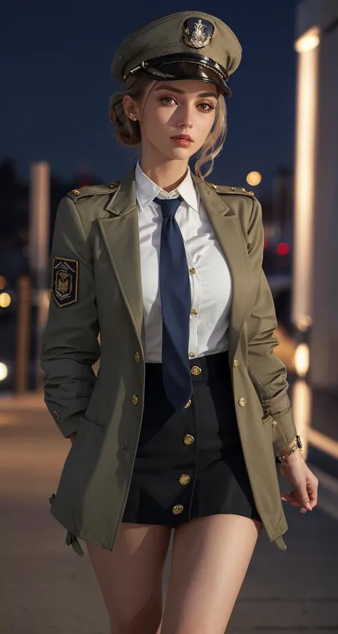 (8k, best quality, masterpiece:1.2), (realistic, photo-realistic:1.4), ultra-detailed, beautiful woman wearing edgCJ, chic jacket, military uniform, <lora:edgChicJackets:0.7>, bun hair, looking at viewer, epaulets, armband, military cap, collared shirt, ((tie)), tight skirt, on the runway, at night