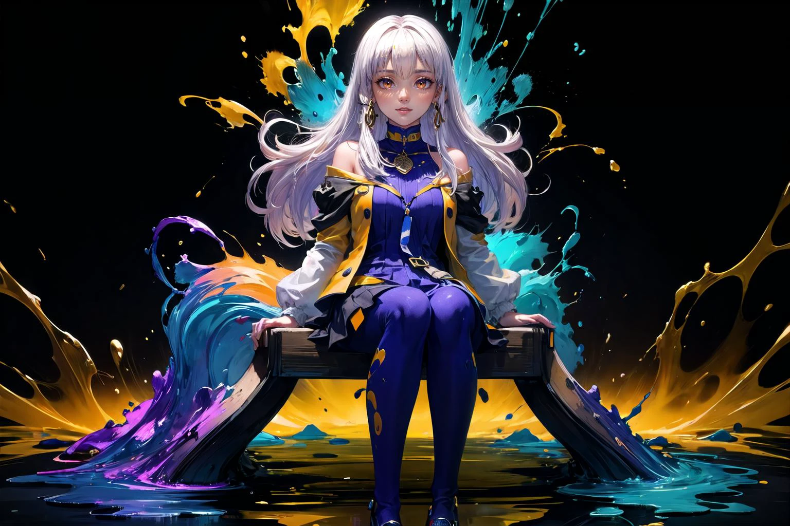 (highly detailed:1.3),
1girl, solo, (full body,:1.2), (blue background:1.1), (sitting:1.2),
<lora:fireemblem_ordelia:0.75>, lysitheatimeskip, hair ornament, purple dress, long sleeves orange eyes, (shy:1.3), <lora:edgChicJackets:0.6>, edgCJ, wearing edgCJ, chic jacket, (happy:1.2),
Ultra-detail, (highres:1.1), best quality, (masterpiece:1.3), cinematic lighting, <lora:add_detail:0.5>, <lora:epi_noiseoffset2:1>,
(highly detailed face and eyes:1.3),
BREAK
(Let colors flow and explode in fluid motions, with blending gradients, color splashes, and abstract forms that give the impression of a chaotic and ever-changing visual feast:1.4), (Black color:1.1), (Acid Green color:1.2), (Sapphire Blue color:1.1),