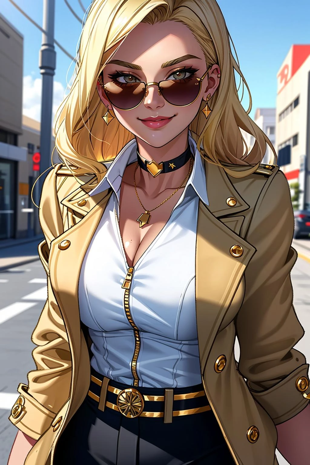 ((Masterpiece, best quality)),edgQuality,smirk,smug,
edgCJ, a woman in a jacket ,wearing edgCJ,chic jacket
<lora:edgChicJackets:0.86>
 <lora:Ultimate_Nadia:0.352>blonde nadia, sunglasses,choker