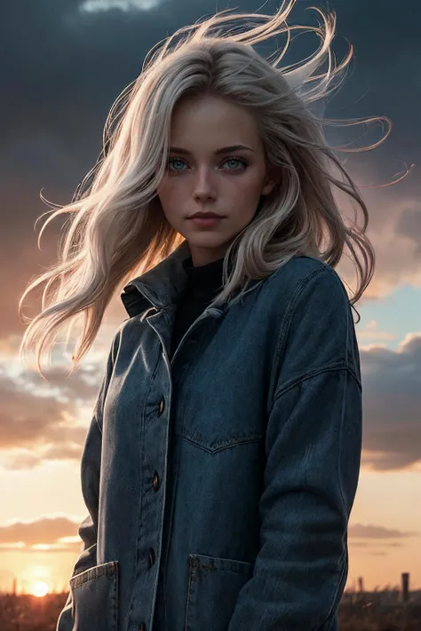 best quality, masterpiece, detailed, realistic, RAW photo, portrait, a woman, windy weather, windswept hair, platinum blonde hair, autumn, sunset, gloomy lighting
