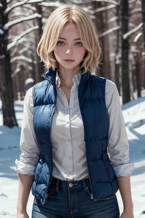 best quality, masterpiece, detailed, realistic, RAW photo, a woman, __single_colors__ vest, Honey blonde hair, Choppy layers, winter