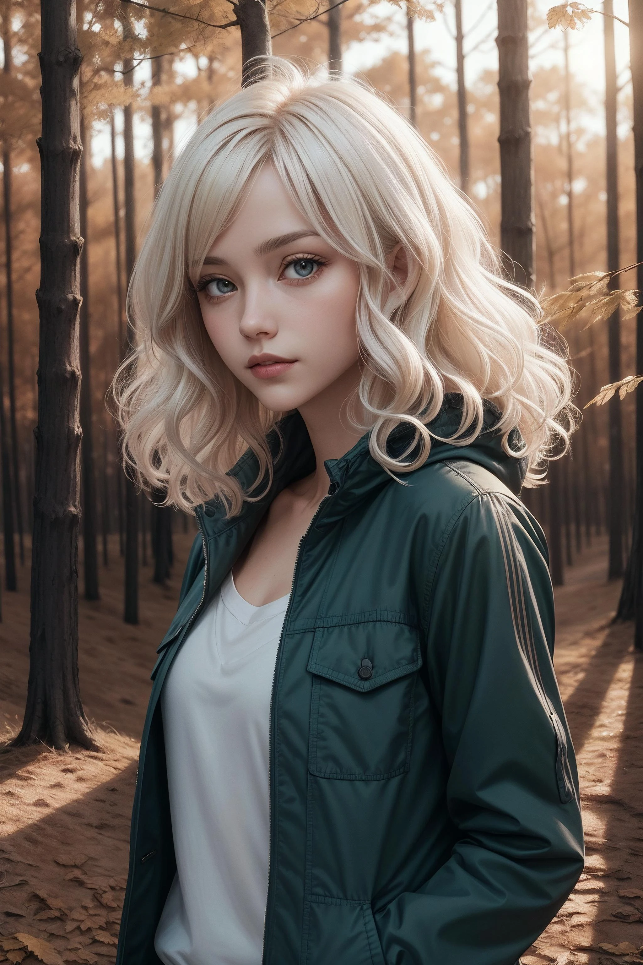best quality, masterpiece, detailed, realistic, RAW photo, a woman, portrait, __single_colors__ jacket, Platinum blonde hair, Soft curls, autumn, forest, sunset