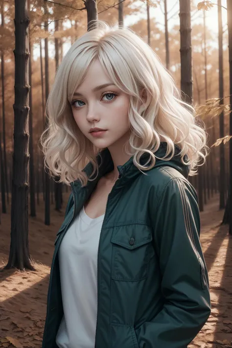best quality, masterpiece, detailed, realistic, RAW photo, a woman, portrait, __single_colors__ jacket, Platinum blonde hair, Soft curls, autumn, forest, sunset