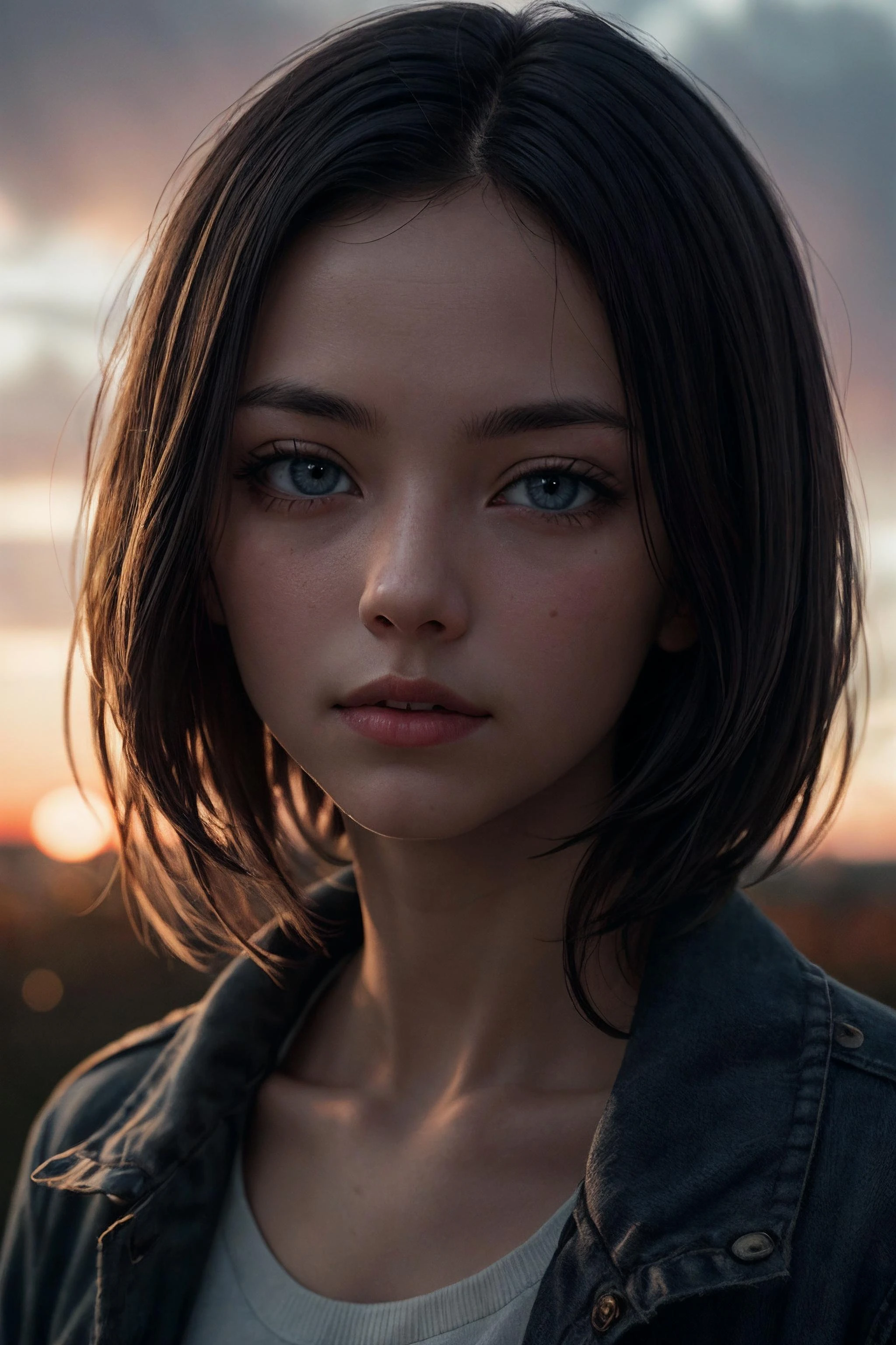 best quality, masterpiece, detailed, realistic, RAW photo, portrait, a woman, autumn, sunset, gloomy lighting