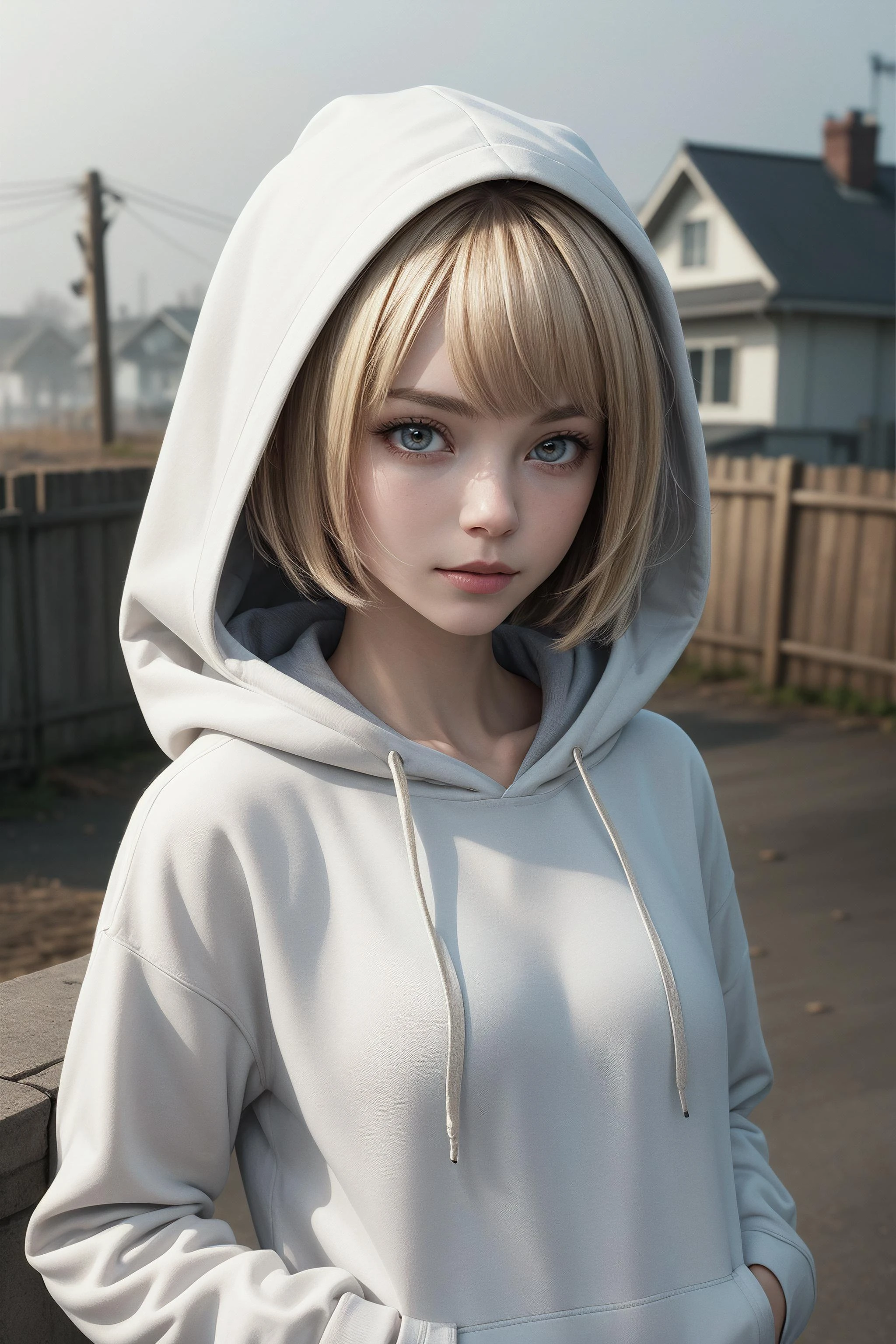 best quality, masterpiece, detailed, realistic, RAW photo, a woman, portrait, __single_colors__ animal hoodie, Dirty blonde hair, Layered haircut, misty morning, suburb