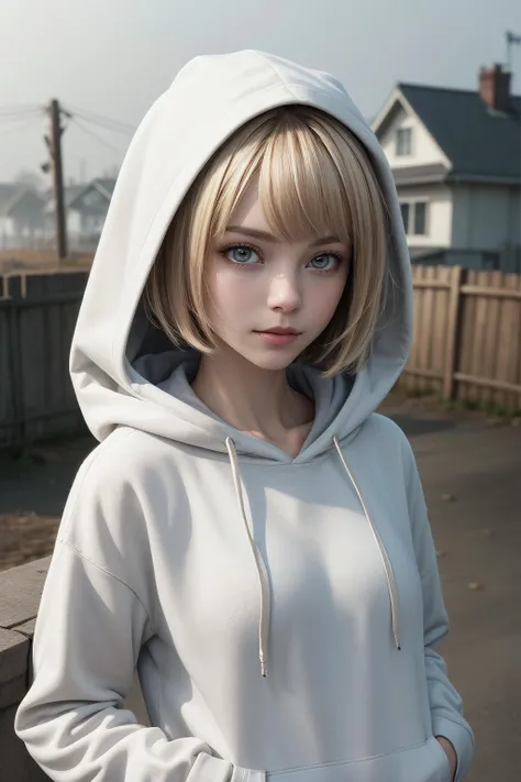 best quality, masterpiece, detailed, realistic, RAW photo, a woman, portrait, __single_colors__ animal hoodie, Dirty blonde hair, Layered haircut, misty morning, suburb