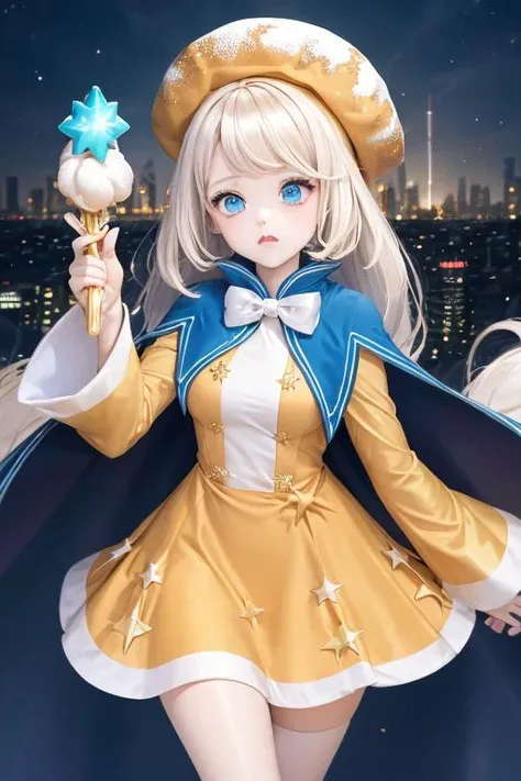 1girl, crkcreampuff, blue eyes, long hair, white hair, orange dress, blue cape, yellow headwear, wide sleeves, bow, bowtie, wand, (city:1.3), frown <lora:creampuff_cookie:0.8>