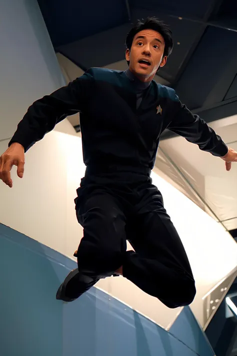 man in black and teal voyunf,jumping<lora:VoyunfRefined:0.8><lora:Jump:0.9>