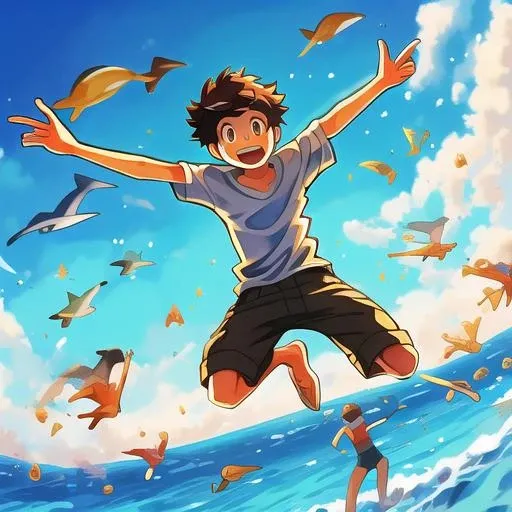 jumpingï¼sky, multiple boys, cloud, 6+boys, shorts, day, brown hair, male focus, brown eyes, open mouth, smile, shirt, outdoors, ocean, blue sky, short hair, male child, water <lora:Jump:1>