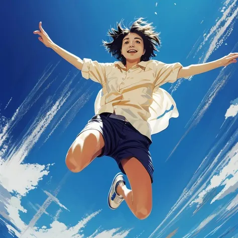 1girl, solo, sky, shorts, open mouth, cloud, day, shoes, midair, black hair, smile, shirt, from below, blue sky, falling, jumping, short hair, sneakers,s<lora:Jump:0.9>