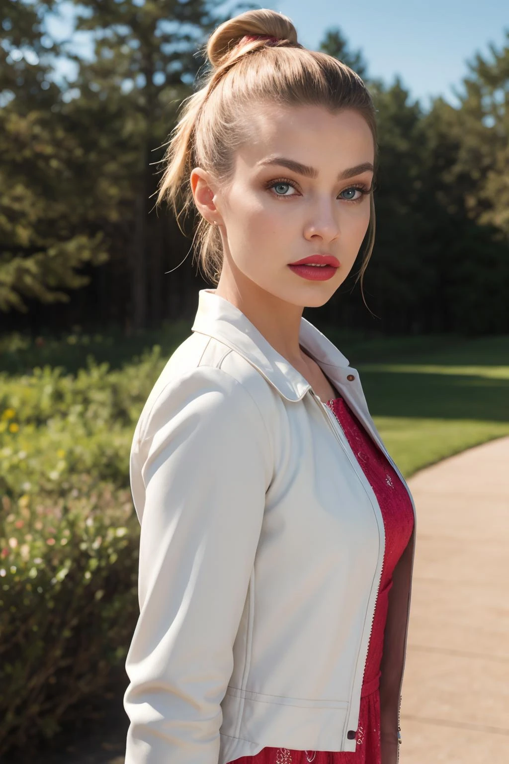 masterpiece, best quality, (photorealistic:1.4), from side,
cinematic lighting, coherent light, coherent shadows, depth of field, RAW photo, 8K UHD, ultra high resolution,
1girl, detailed eyes, detailed skin, <lora:ZH_JessicaG_v1:1>, zh_jessicag, realistic, blonde hair, hair bun, long hair, lipstick, jewelry, makeup, outdoors, (dress, jacket)