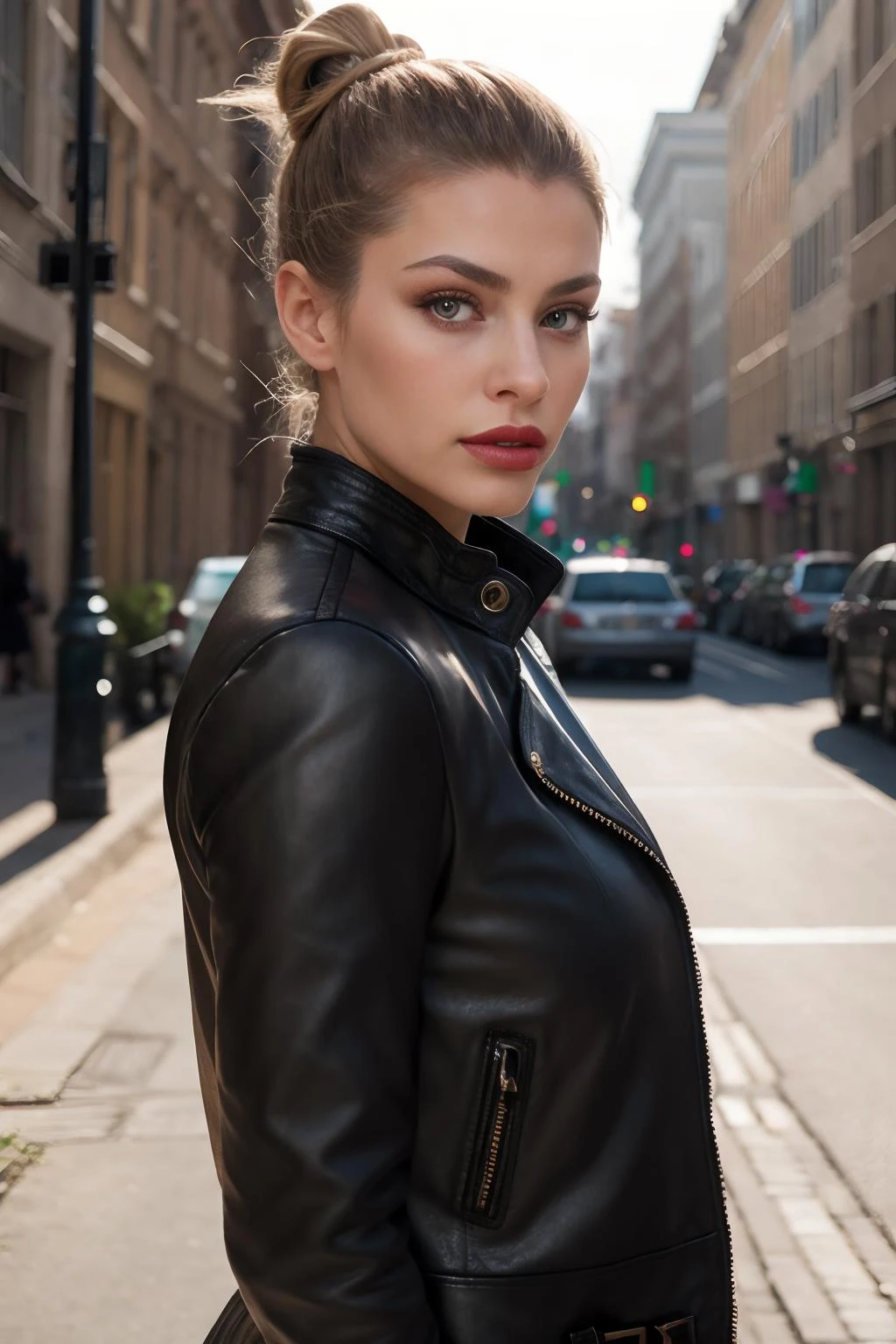 masterpiece, best quality, (photorealistic:1.4), from side,
cinematic lighting, coherent light, coherent shadows, depth of field, RAW photo, 8K UHD, ultra high resolution,
1girl, detailed eyes, detailed skin, <lora:ZH_JessicaG_v1:1>, zh_jessicag, realistic, blonde hair, hair bun, long hair, lipstick, jewelry, makeup, outdoors, (dress, leather jacket)