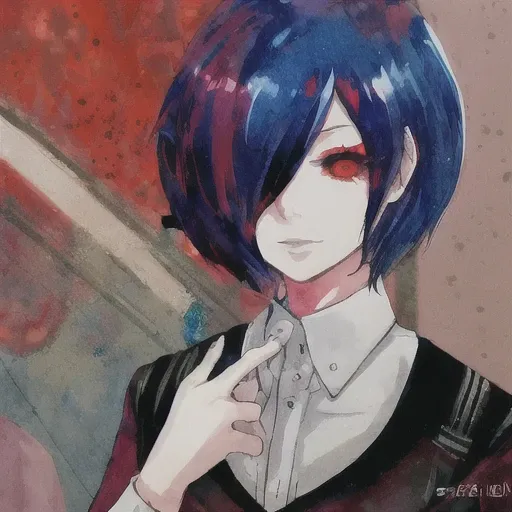 (touka_kirishima), red eyes, 1girl,flamboyant, style of sui ishida, tokyo ghoul, zoomed in on face, focused on face, blue highlights,looking at viewer,watercolor, manga, mangaka <lora:TKG_Sui Ishida:1> <lora:toukaKirishima_v10:1>