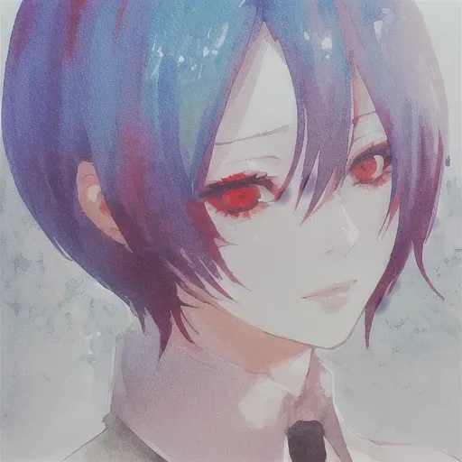 (touka_kirishima), red eyes, 1girl,flamboyant, style of sui ishida, tokyo ghoul, zoomed in on face, focused on face, blue highlights,looking at viewer,watercolor, aristocratic youth, <lora:TKG_Sui Ishida:1> <lora:toukaKirishima_v10:1>