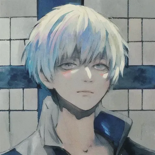(kaneki ken), 1boy,flamboyant, in the style of sui ishida, tokyo ghoul, zoomed in on face, focused on face, blue highlights,looking at viewer,watercolor, aristocratic youth, <lora:TKG_Sui Ishida:1> <lora:Kaneki Ken:1>