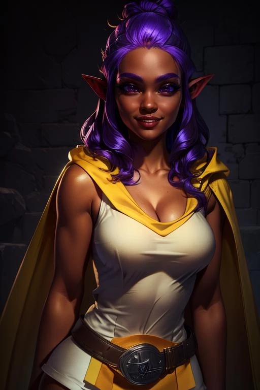 TheHunter,purple hair,solo,long hair,red eyes,medium breasts,pointy ears,hair bun, dark skin, standing, upper body, smile,
Hgear, dress,belt,yellow cape,sleeveless,boots, red leggings, short white dress, cleavage,
dungeon,
(insanely detailed, beautiful detailed face, beautiful detailed eyes, masterpiece, best quality)
<lora:TheHunter:0.8>