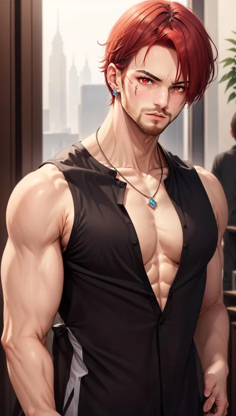 jewelry, 1boy, solo, male focus, earrings, looking at viewer, necklace, upper body, sleeveless, red hair, red eyes, facial hair, medium hair, bare shoulders, shirt, collarbone, lips, gem, blurry background, vest, sleeveless shirt, brown hair, black shirt, short hair, bangs, blurry, muscular, closed mouth, pendant, parted lips, scar, fire, pectorals, scar on face, hyur, stubble, multicolored hair, v-shaped eyebrows, muscular male, eyelashes, beard, realistic, serious, <lora:ColorExplosionV2:0.4>