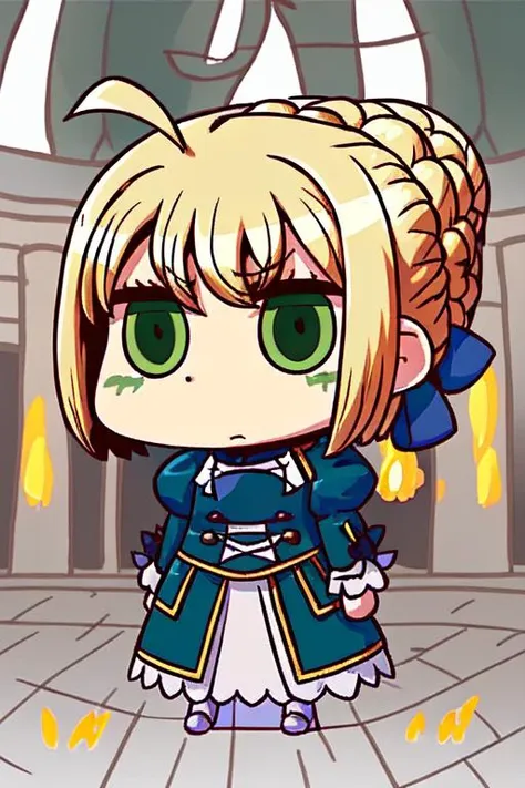 1girl, solo, blonde_hair, long_sleeves, dress, ribbon, green_eyes, hair_ribbon, braid, ahoge, puffy_sleeves, hair_bun, chibi, armor, parody, jitome, april_fools, artoria_pendragon_(fate), riyo_(lyomsnpmp), saber, fate_(series), fate/grand_order, <lora:April-Fools:1>