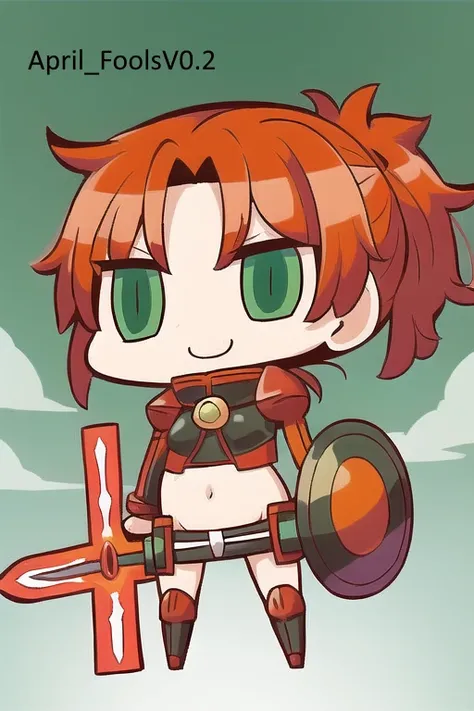 masterpiece, best quality, ((solo)), 1girl, smile, short_hair, navel, holding, green_eyes, weapon, red_hair, sword, chibi, short_ponytail, shield, shrug_(clothing), :>, april_fools, riyo_(lyomsnpmp), fate/grand_order, fate_(series), boudica_(fate), <lora:April-Fools2:1>