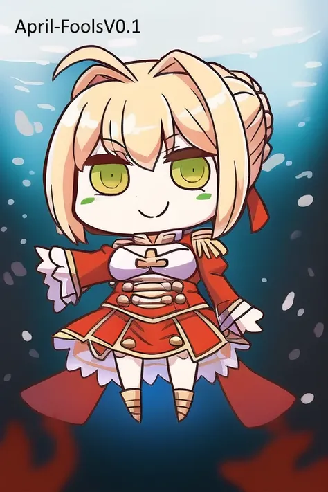 masterpiece, best quality, ((solo)), 1girl, looking_at_viewer, smile, blonde_hair, long_sleeves, dress, green_eyes, braid, ahoge, hair_bun, chibi, see-through, red_dress, epaulettes, underwater, :>, april_fools, nero_claudius_(fate/extra), nero_claudius_(fate), riyo_(lyomsnpmp), fate/grand_order, fate/extra, fate_(series)r, <lora:April-Fools:1>