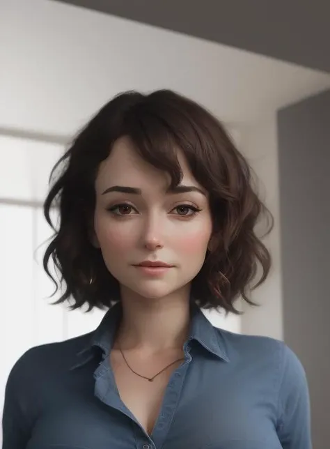 (closeup portrait) woman wearing blue button up shirt, facing viewer, beautiful woman medium hair, <lora:milanavayntrubV2:0.75>, perfect face, in kitchen, large breasts, mlnvyntrb
