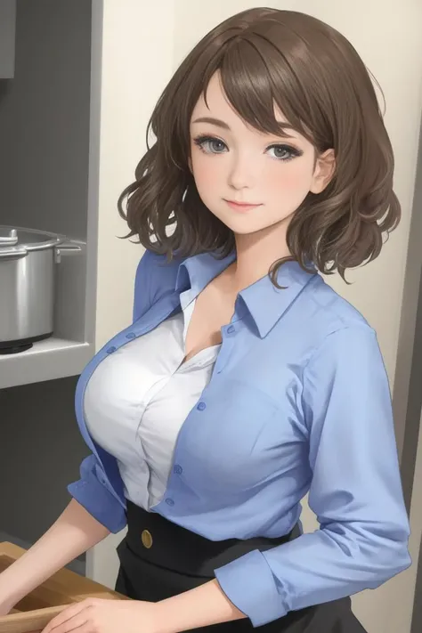 (closeup portrait) woman wearing blue button up shirt, facing viewer, beautiful woman medium hair, <lora:milanavayntrubV5:0.8>, perfect face, ((in kitchen)), large breasts
