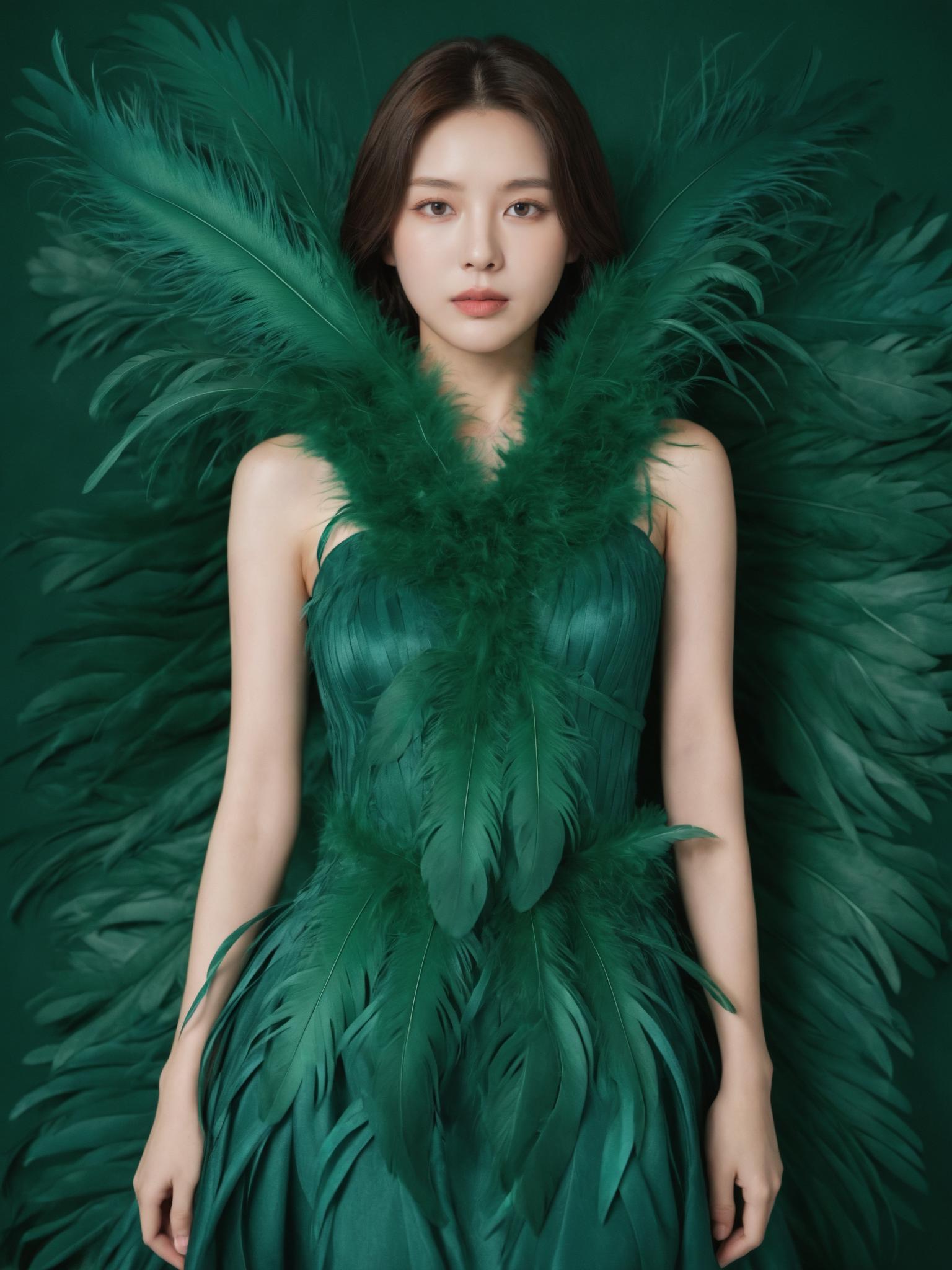 A woman in a green dress with feathers on her head - SeaArt AI