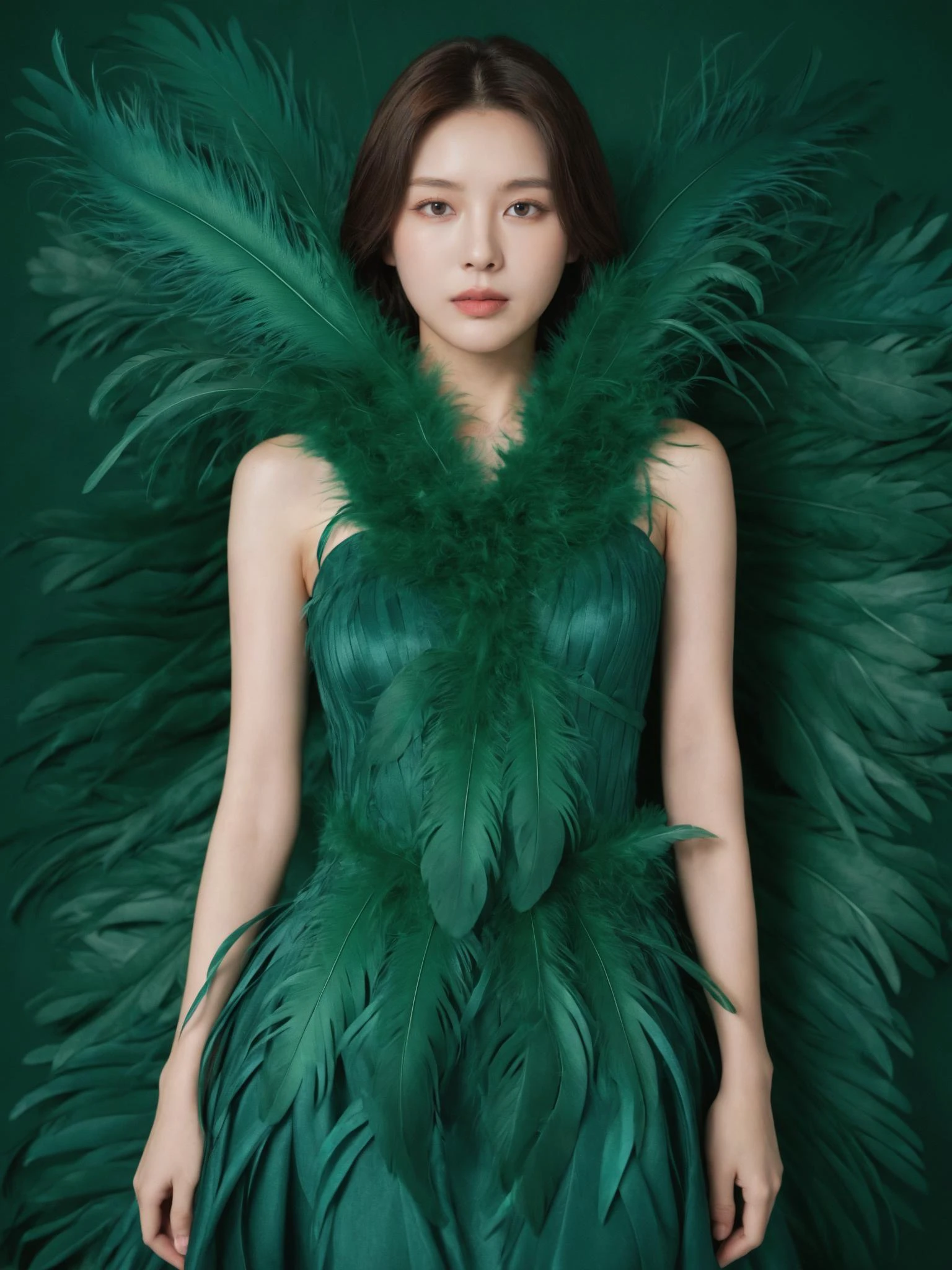 1girl,a gorgeous long dress made of feathers,green feather,huge feathers,complex background,beautiful background,(feathers everywhere:1.3),depth of field level,