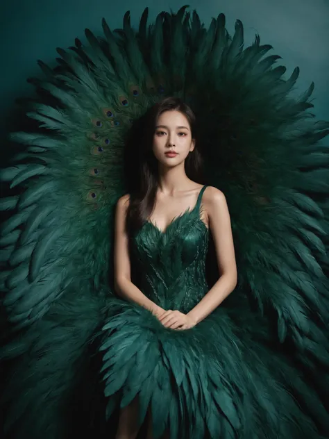 1girl,a gorgeous long dress made of feathers,green feather,huge feathers,complex background,beautiful background,(feathers everywhere:1.3),depth of field level,