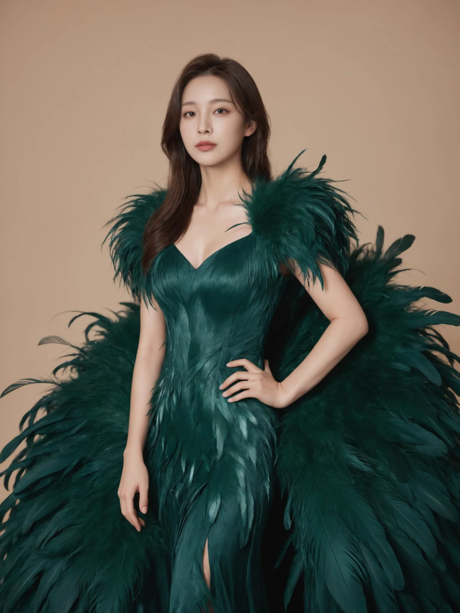 1girl,a gorgeous long dress made of feathers,green feather,huge feathers,complex background,beautiful background,(feathers everywhere:1.3),depth of field level,