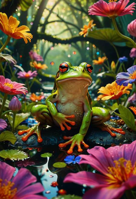 illustrious, frog, Amidst a dreamscape of colors, a mesmerizing garden enchants, its vibrant petals a feast for the eyes, Dancing and shimmering, intricate details, ultra sharp, fantasy art concept, fantastical fairy tale, whimsical surroundings <lora:~Q? u5_qRgqg:0.8> xuer film still