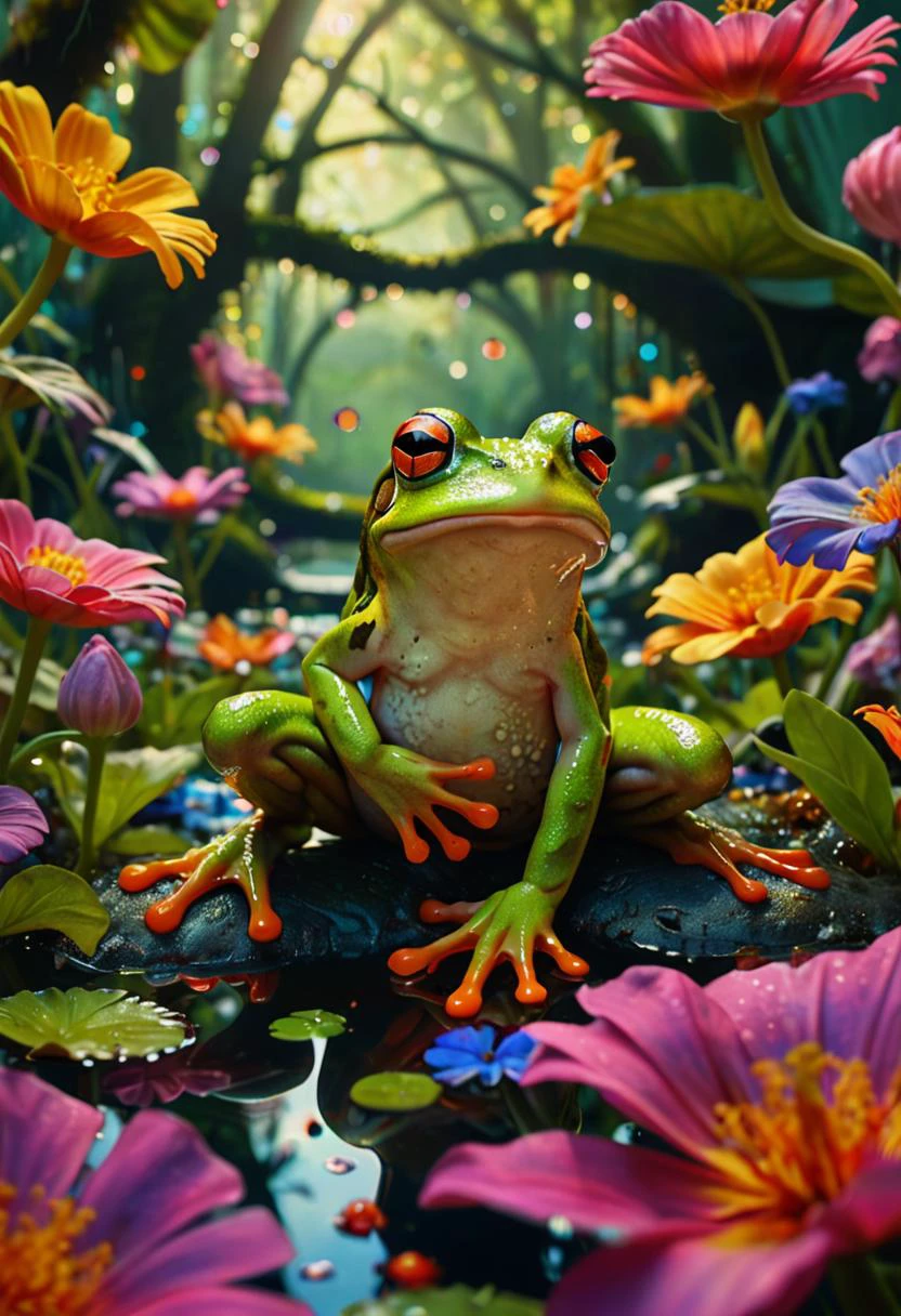 illustrious, frog, Amidst a dreamscape of colors, a mesmerizing garden enchants, its vibrant petals a feast for the eyes, Dancing and shimmering, intricate details, ultra sharp, fantasy art concept, fantastical fairy tale, whimsical surroundings <lora:ç»ªå¿ çµå½±å§ç
§:0.8> xuer film still