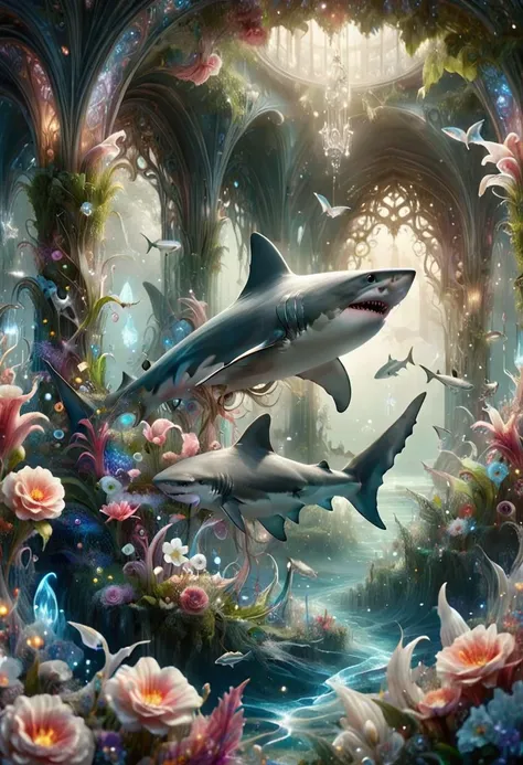 ethereal, shark, Within a hidden sanctuary, a floral paradise awakens, its blooms dancing in the gentle breeze, Creating a sense of direction and orientation, intricate details, ultra sharp, fantasy art concept, fantastical fairy tale, whimsical surroundings <lora:dvr-hgh-fnt:0.8> dvr-hgh-fnt