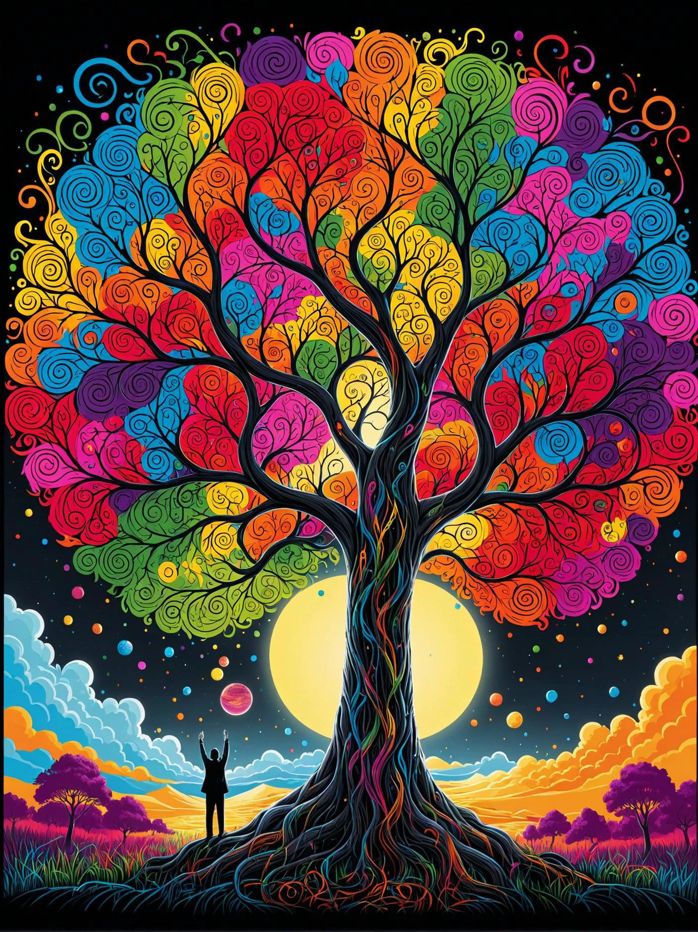 ASCIIbreathtaking brightly colored tree with swirly branches and a dark background, anton fadeev and dan mumford, happy intricate, krita, chris dyer, illustration:.4, gnarly details soft light, multi coloured, wikiart, andrei riabovitchev symmetrical, illustration detailed, discord pfp, finely detailed illustration, liam brazier, (extremely detailed . award winning, professional, highly detailed
